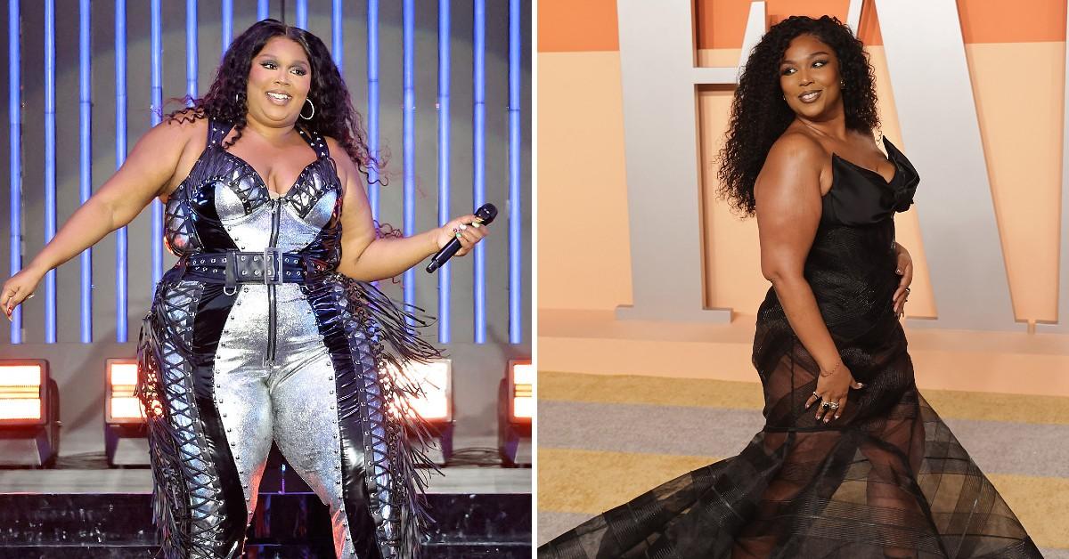 (L) Lizzo in concert in May 2023; (R) Lizzo at Vanity fair Oscars party in March 2025