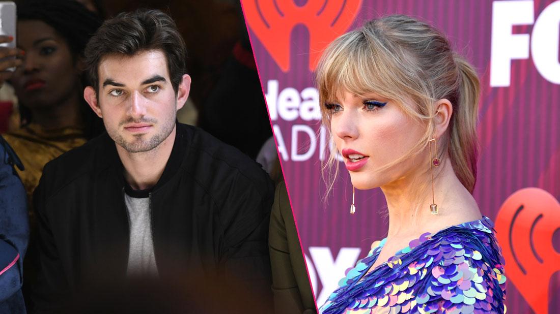 Taylor Swift dons a blue dress and inset is Conor Kennedy wearing a black jacket and a white shirt.