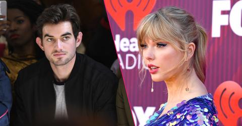 Taylor Swift dons a blue dress and inset is Conor Kennedy wearing a black jacket and a white shirt.