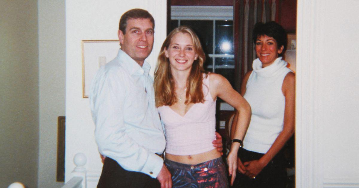 Photo of Andrew Windsor, Virginia Guiffre and Ghislaine Maxwell