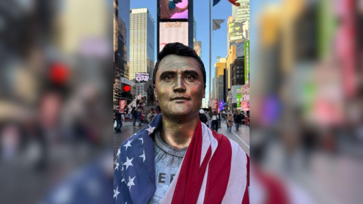 A photo of the Charlie Kirk statue in Times Square