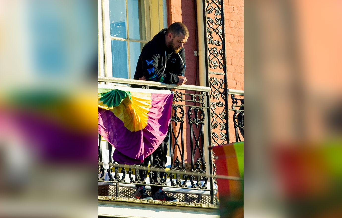 Justin Timberlake Wearing Sweats on a New Orleans Balcony