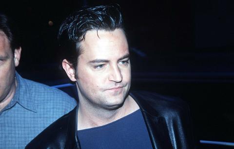 Matthew Perry wore a black leather jacket and a blue T-shirt on a night out on the town.