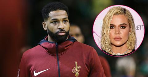 Tristan Thompson wears a Cleveland Cavaliers player's jacket. Inset, Khloe Kardashian.
