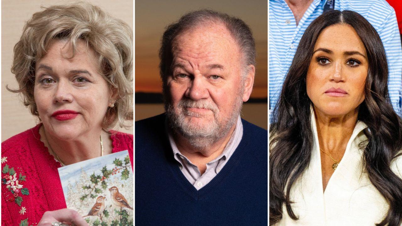 A photo of Samantha Markle alongside a photo of Thomas Markle alongside a photo of Meghan Markle