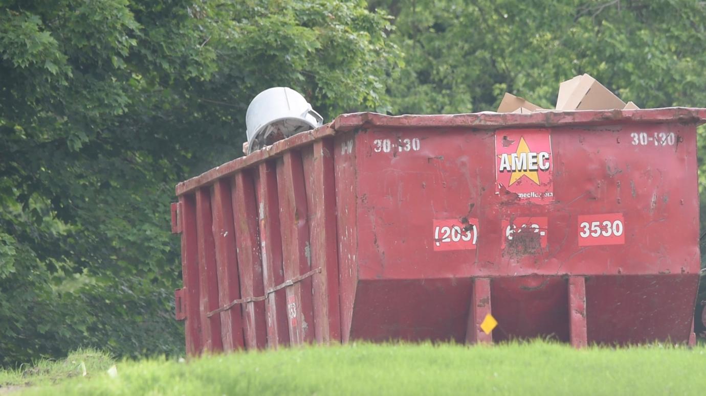 Fotis Dulos near a red dumpster.