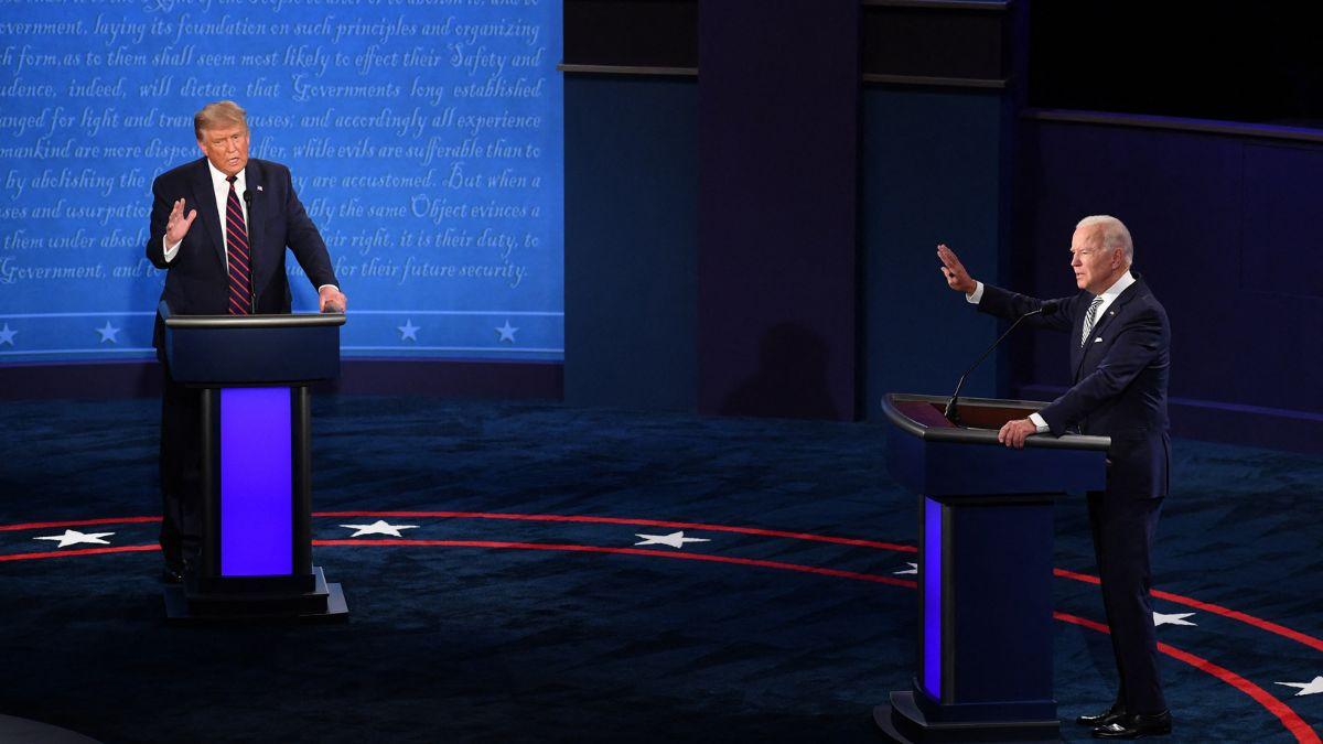A photo of Donald Trump and Joe Biden on the presidential debate stage