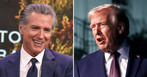Split photo of Gavin Newsom, Donald Trump