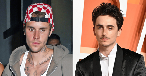 Split photo of Justin Bieber, Timothée Chalamet