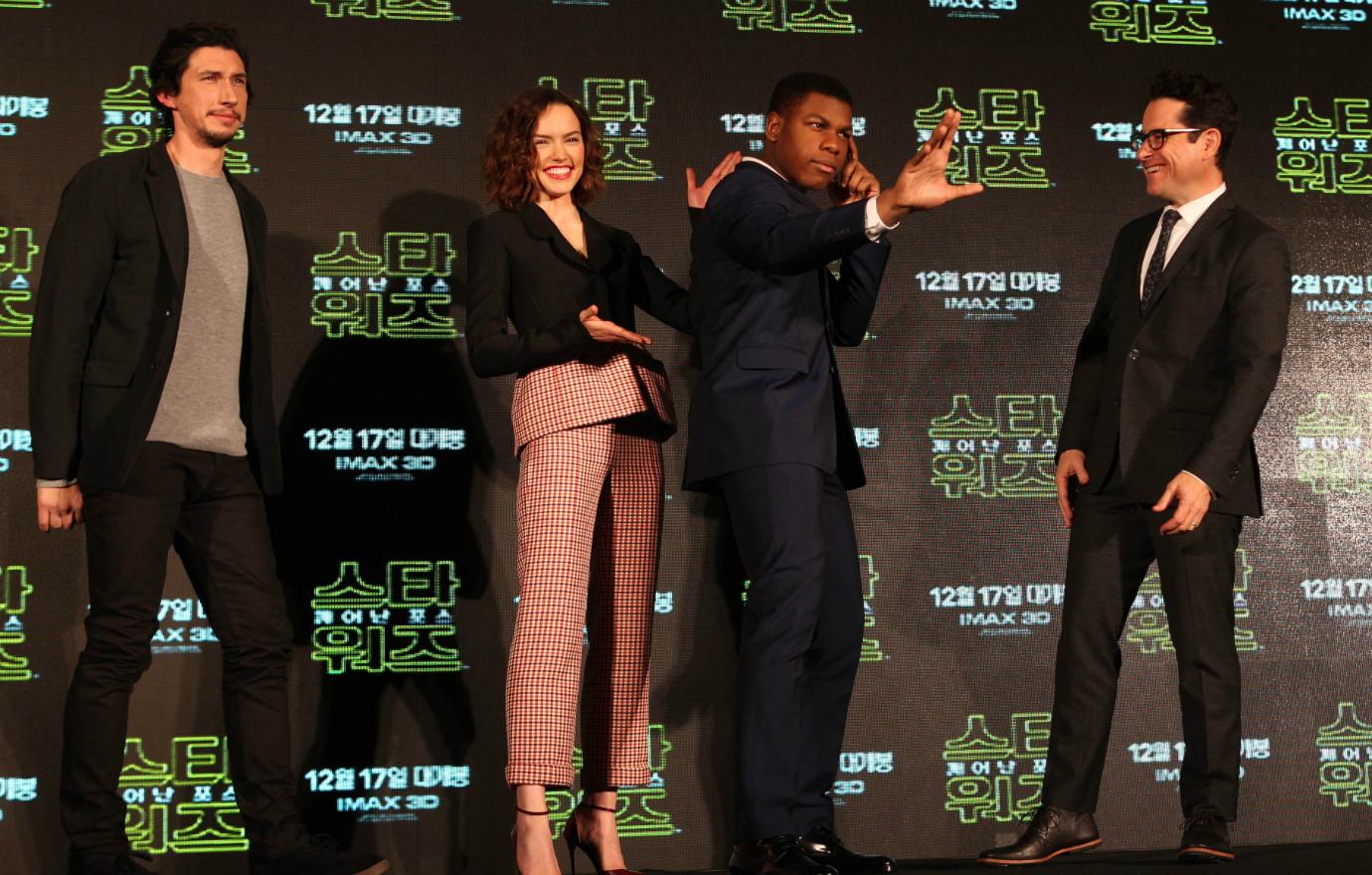 Adam Douglas Driver, Daisy Ridley, John Boyega and J.J. Abrams attend the movie "Star Wars : The Force Awakens" press conference at Conrad Seoul on December 9, 2015 in Seoul, South Korea