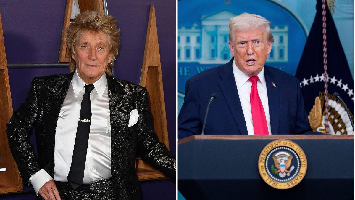 Split photo of Rod Stewart and Donald Trump