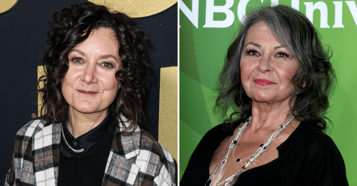 Split photo of Sara Gilbert, Roseanne Barr