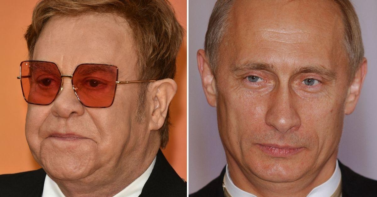 Split photo of Elton John, Vladimir Putin