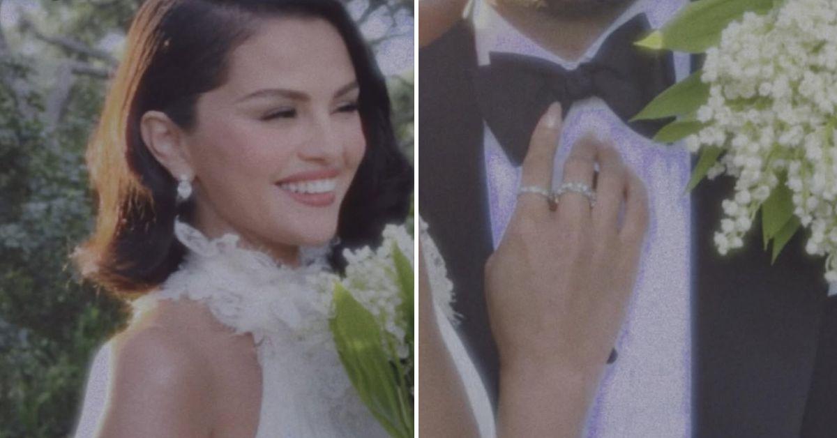 bride selena gomez wows fans floral neckline wedding dress