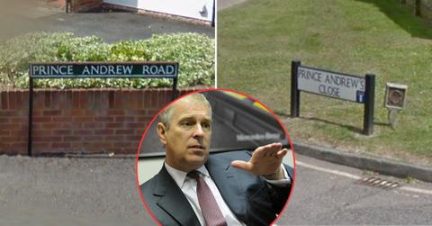 Split photos of street sign with Prince Andrew's name