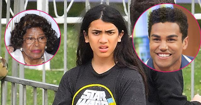 Blanket Jackson wearing a star wars shirt. Inset left, Katherine Jackson. Inset right, TJ Jackson.