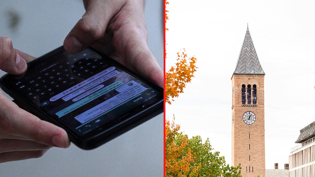 A photo of a cell phone alongside a photo of Cornell University