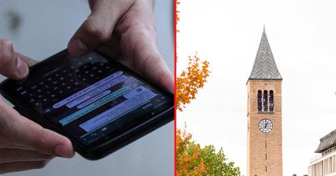 A photo of a cell phone alongside a photo of Cornell University