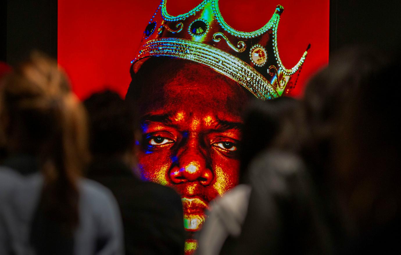 An iconic painting of Biggie Smalls wearing a crown.