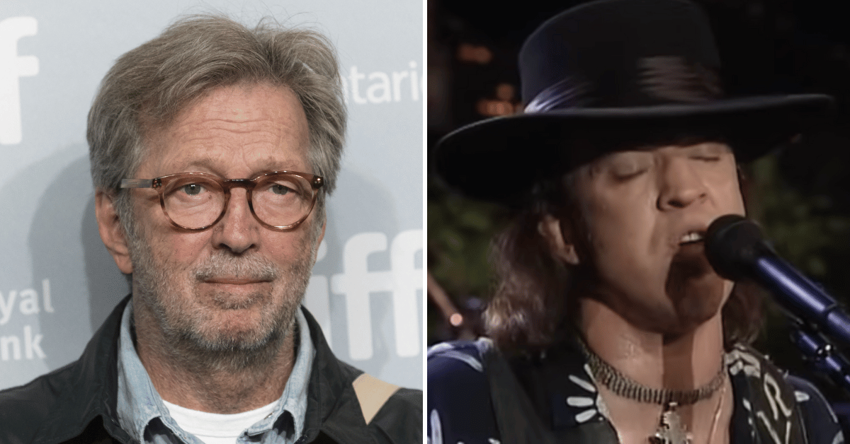 Split photo of Eric Clapton, Stevie Ray Vaughan