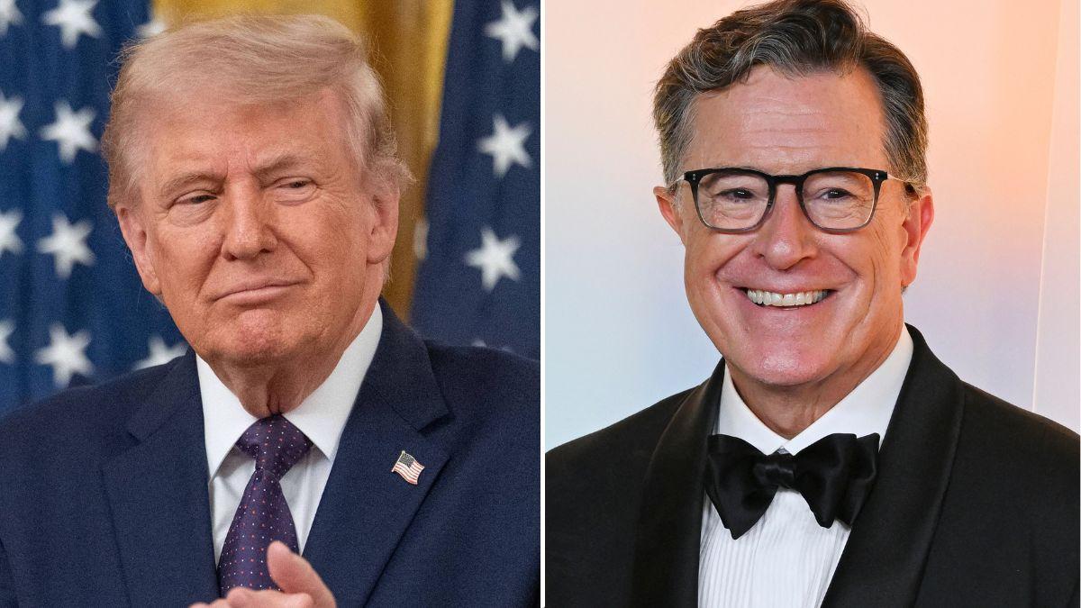 split image of Donald Trump and Stephen Colbert