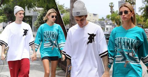 Justin Bieber & Hailey Baldwin Hold Hands In Oversized Jerseys