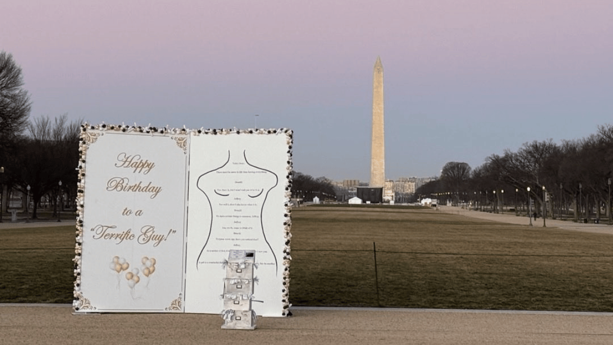 Photo of a replica of the birthday card Donald Trump allegedly wrote to Jeffrey Epstein