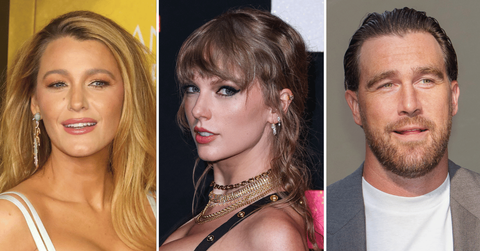 Split photo of Blake Lively, Taylor Swift and Travis Kelce