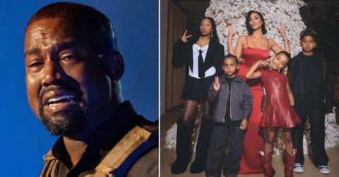 Split photo of Kanye West, Kim Kardashian and her kids.