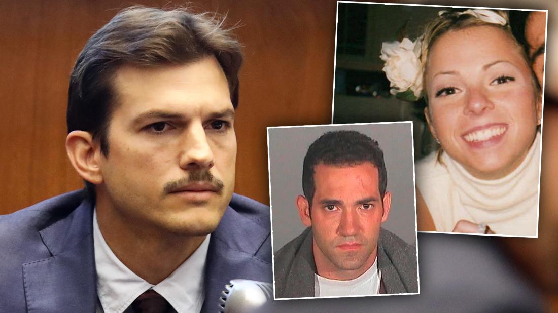 Ashton Kutcher Sits in Courhouse Wearing Navy Suit Looking Serious With Inset of Girlfriend Ashley Ellerin Smiling and Michael Gargiulo Mug Shot