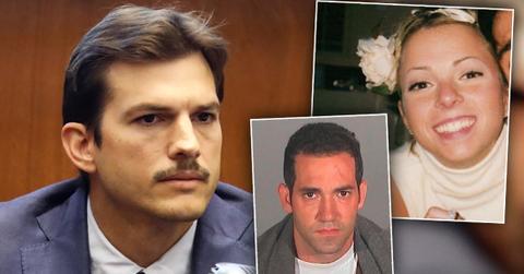 Ashton Kutcher Sits in Courhouse Wearing Navy Suit Looking Serious With Inset of Girlfriend Ashley Ellerin Smiling and Michael Gargiulo Mug Shot