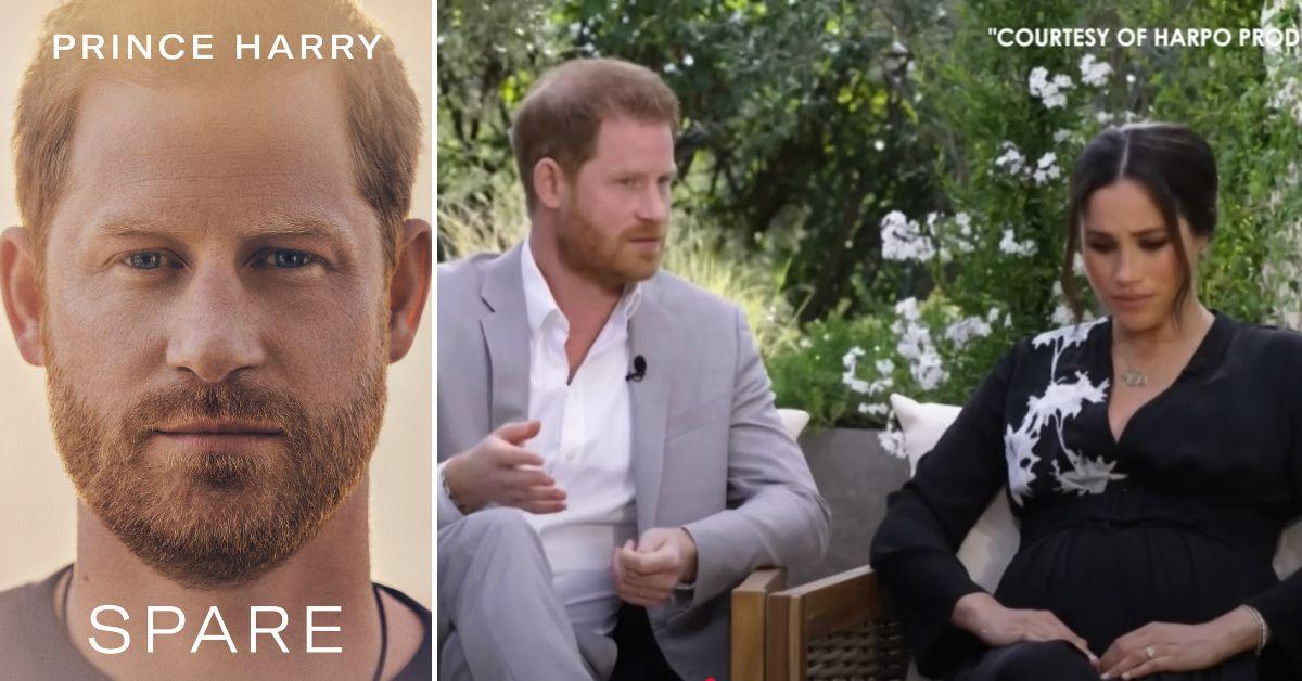 Split photo of 'Spare' and Prince William and Meghan Markle