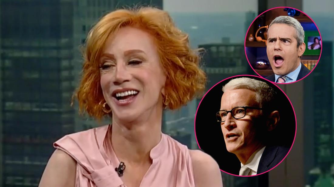 Kathy Griffin on Fox 5 for an exclusive interview. Inset bottom left corner, Anderson Cooper. Inset middle right, Andy Cohen.