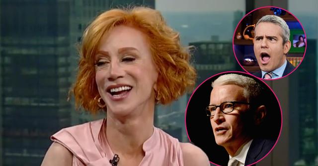 Kathy Griffin on Fox 5 for an exclusive interview. Inset bottom left corner, Anderson Cooper. Inset middle right, Andy Cohen.