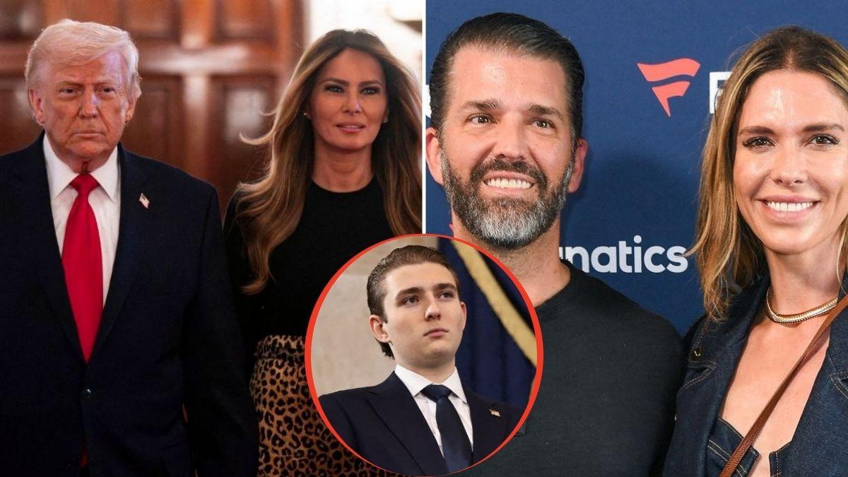 split image of Donald Trump and Melania Trump / Barron Trump / Don Jr. and Bettina Anderson