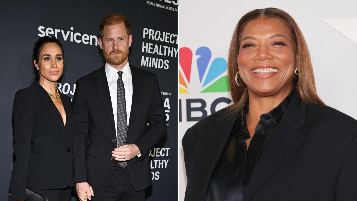 Prince Harry and Meghan Markle were seen smiling courtside beside Queen Latifah at the NBA All-Star Game in Inglewood.