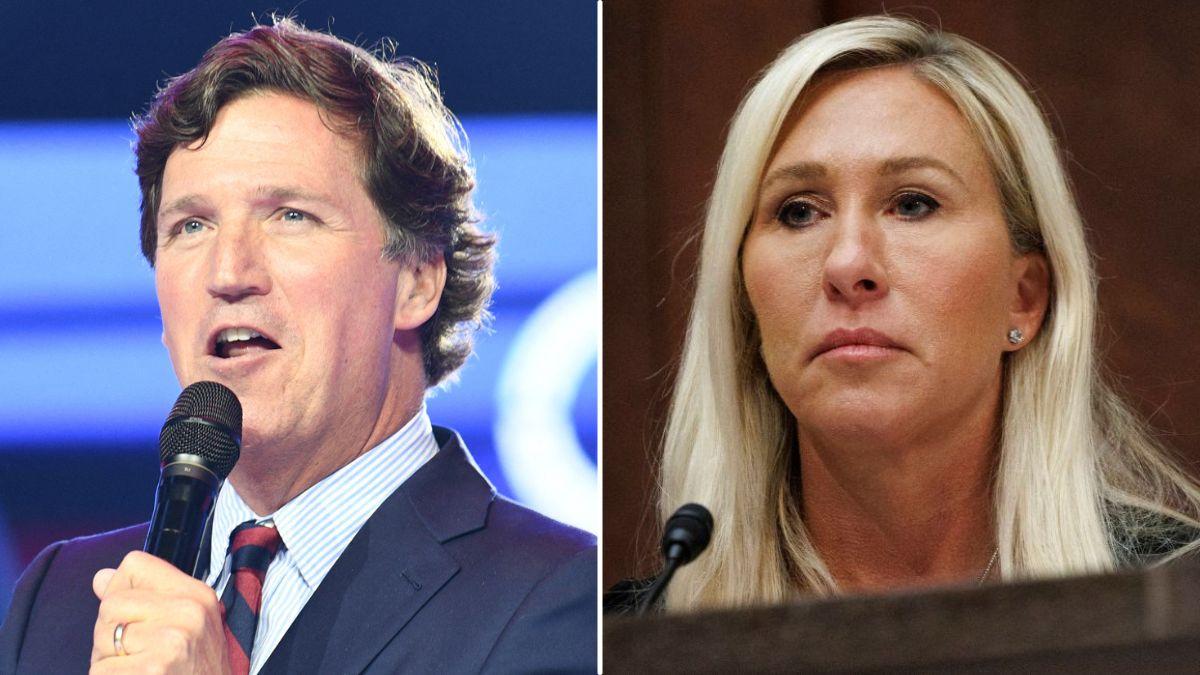 split image of Tucker Carlson and Marjorie Taylor Greene