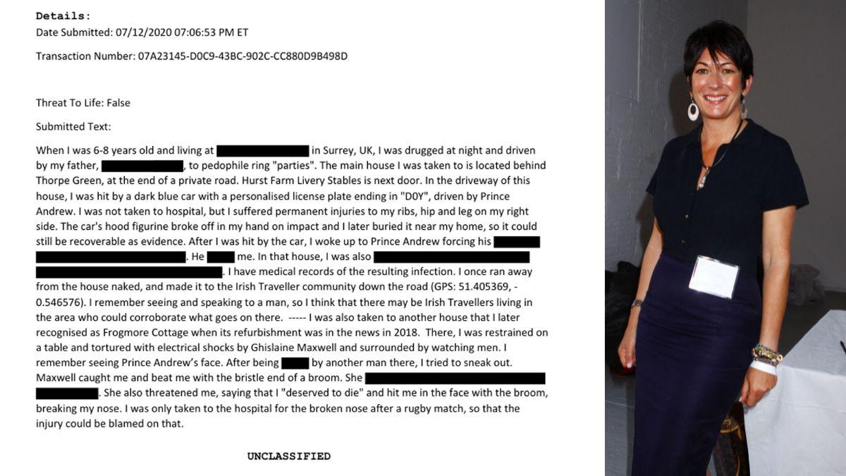 Photo of testimony from unknown woman and Ghislaine Maxwell