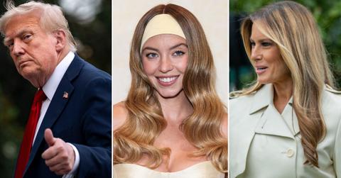 split photo of Donald Trump, Sydney Sweeney and Melania Trump.