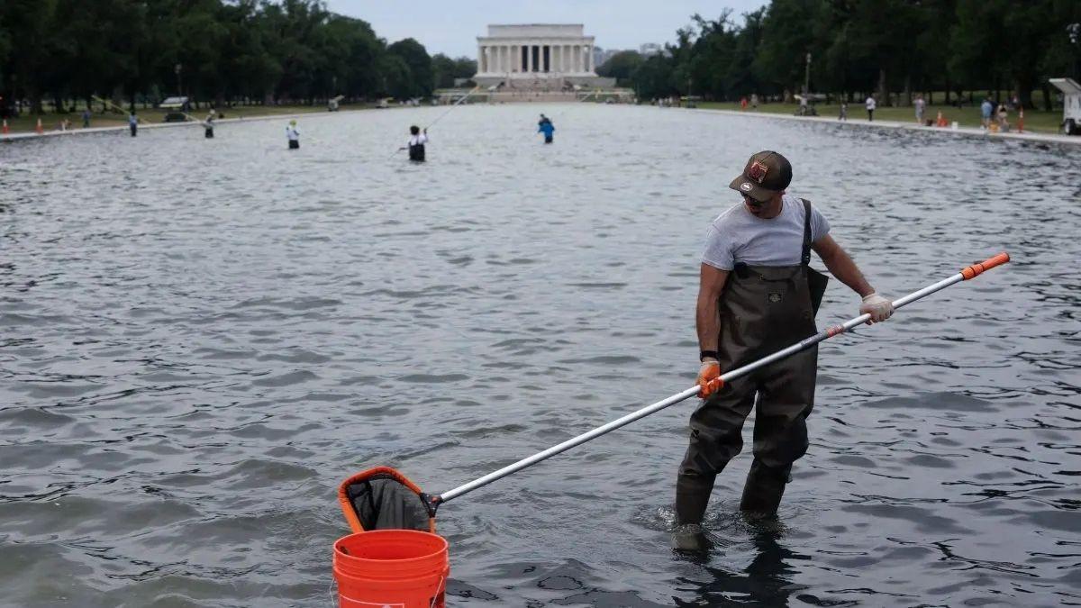 Photo of contractors cleaning The Reflecting Pool