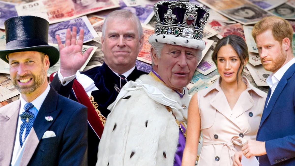 Collage photos of King Charles, Prince William, Andrew Windsor, Prince Harry and Meghan Markle