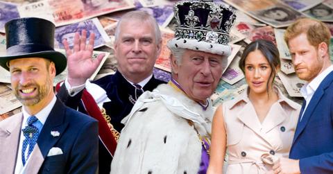 Collage photos of King Charles, Prince William, Andrew Windsor, Prince Harry and Meghan Markle