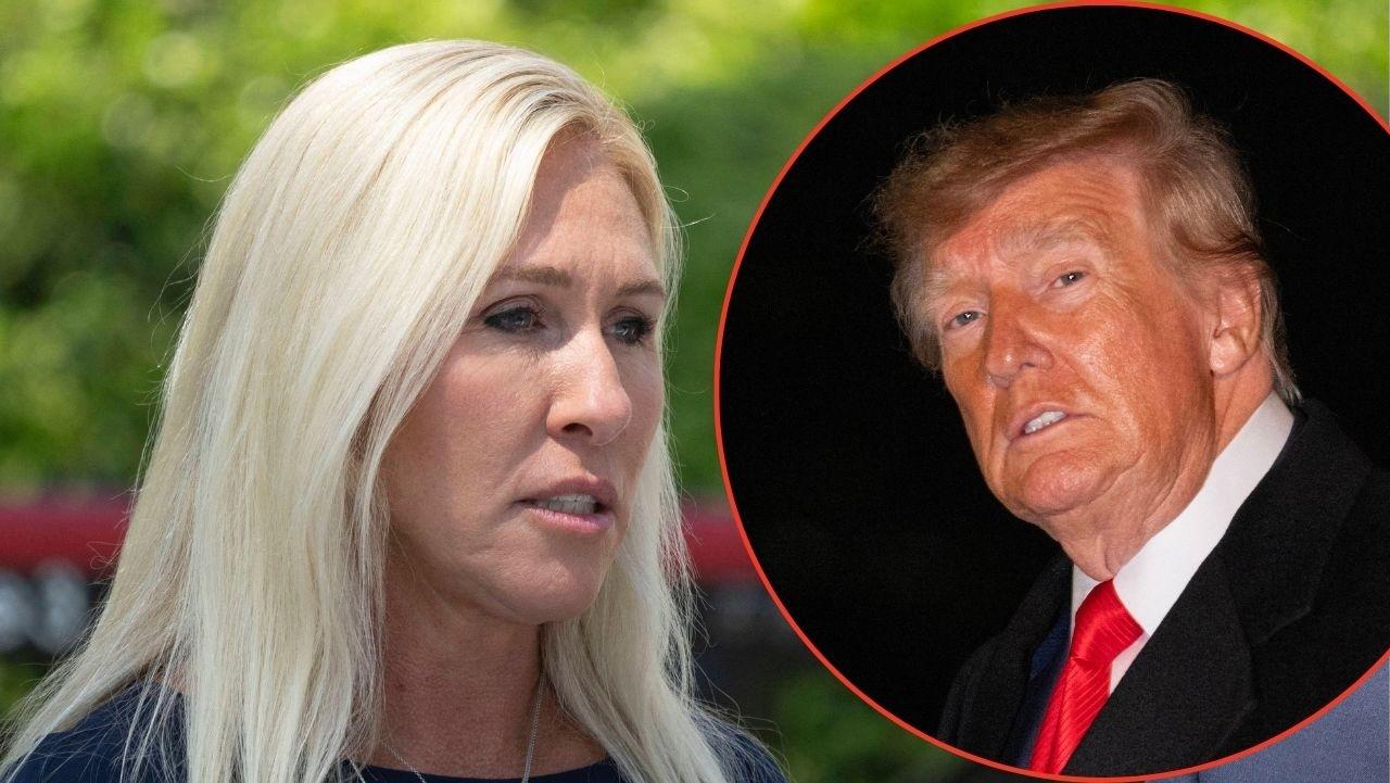 Split image of Marjorie Taylor Greene and Donald Trump