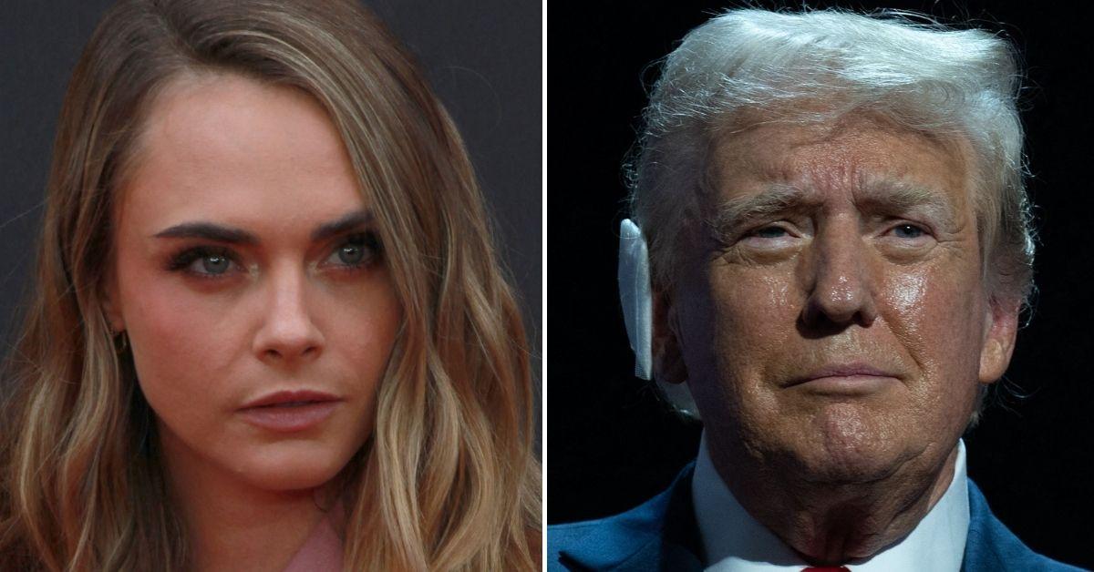 Split photo of Cara Delevingne and Donald Trump.