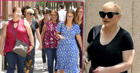 Meghan McCain Leaving the View Wearing A Black Top And Flowered Pants Walking With Friends