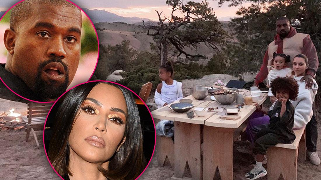 Inset Of Kim Kardashian, Inset Of Kanye West Kim And Kanye with Children Sitting At Picnic Table In Wyoming With Mountans And Sunset In The Background