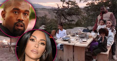 Inset Of Kim Kardashian, Inset Of Kanye West Kim And Kanye with Children Sitting At Picnic Table In Wyoming With Mountans And Sunset In The Background