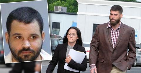 Jenelle Evans and David Eason Outside Court Looking Upset with Inset of Kieffer Delp Mugshot