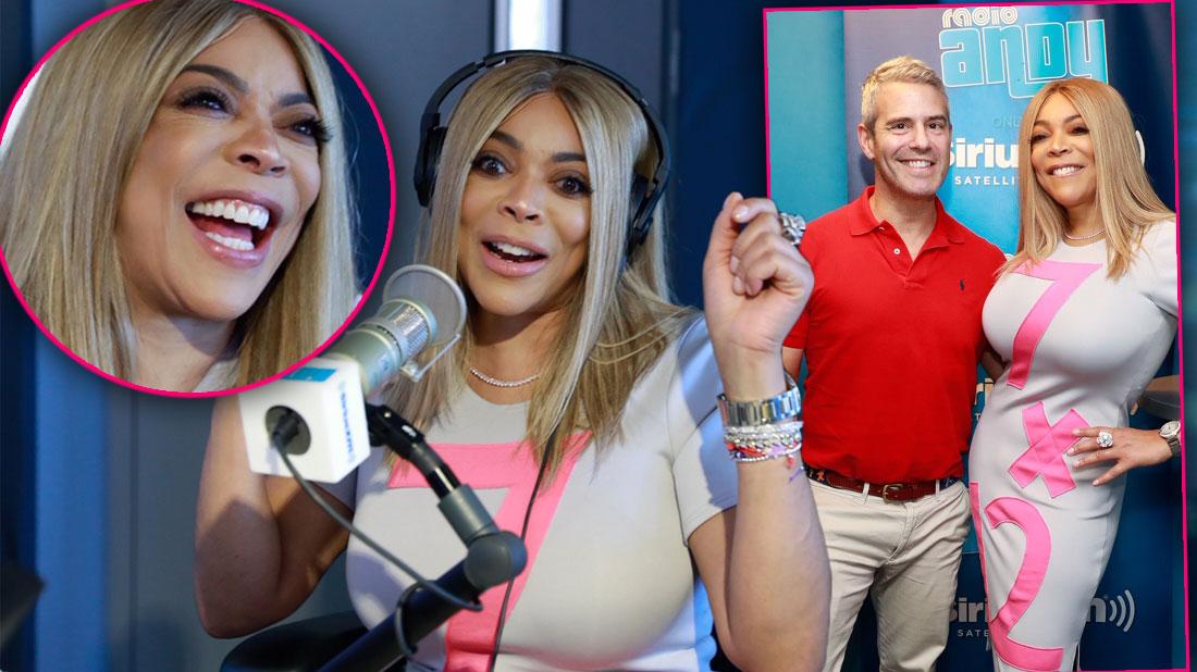 Inset Wendy Williams Laughing, Wendy Williams on Andy Cohen's Radio Talk Show, Wendy Standing with Andy Cohen