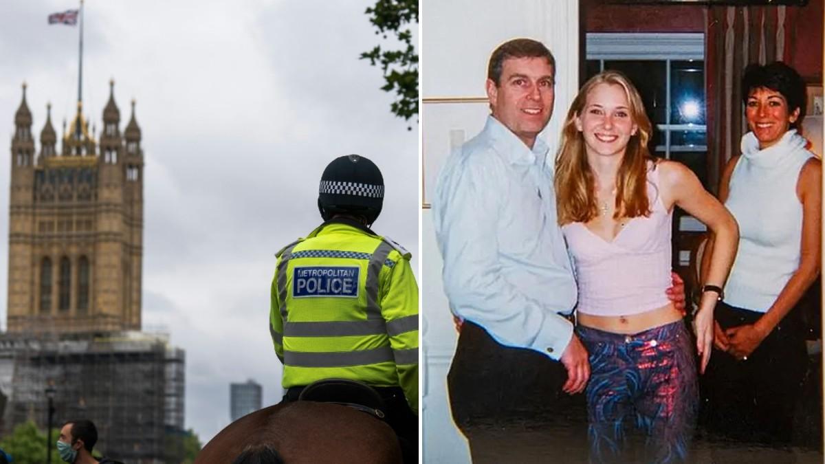 Split photos of Metropolitan Police, Andrew Windsor, Ghislaine Maxwell and Virginia Roberts